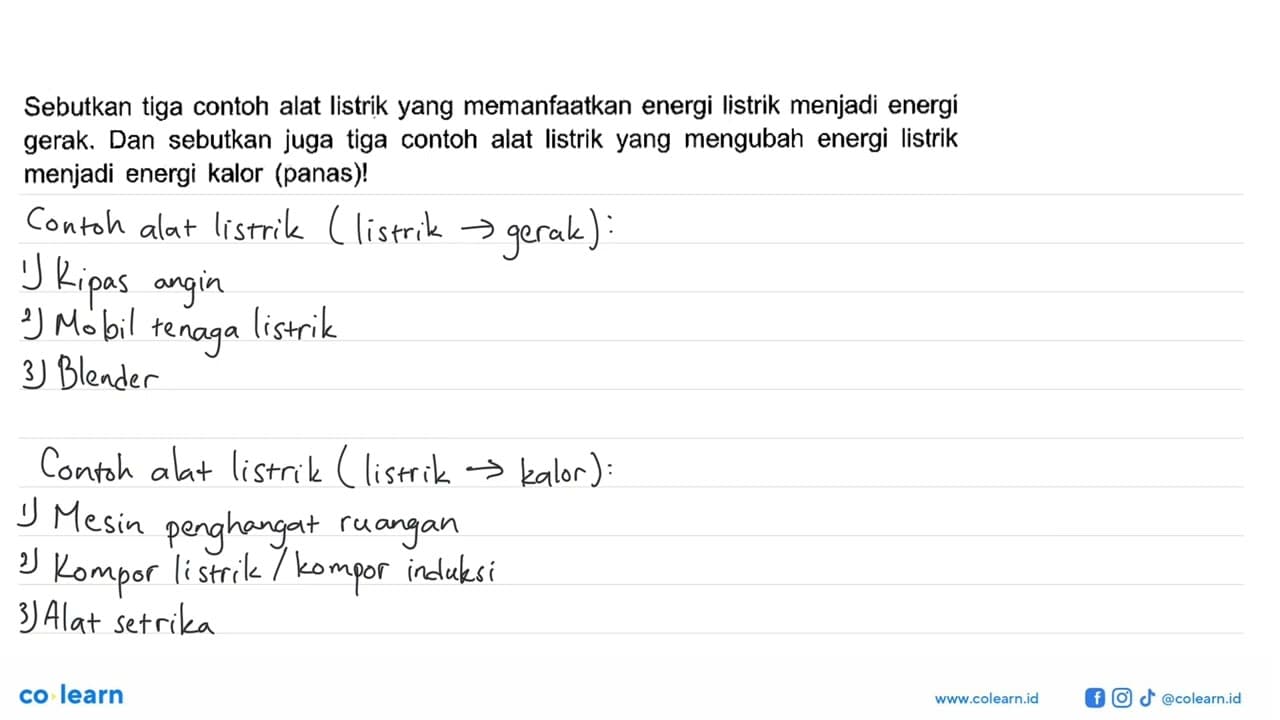 Sebutkan tiga contoh alat listrik yang memanfaatkan energi