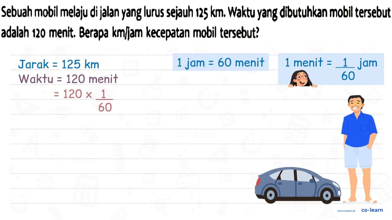 Sebuah mobil melaju di jalan yang lurus sejauh 125 ~km .