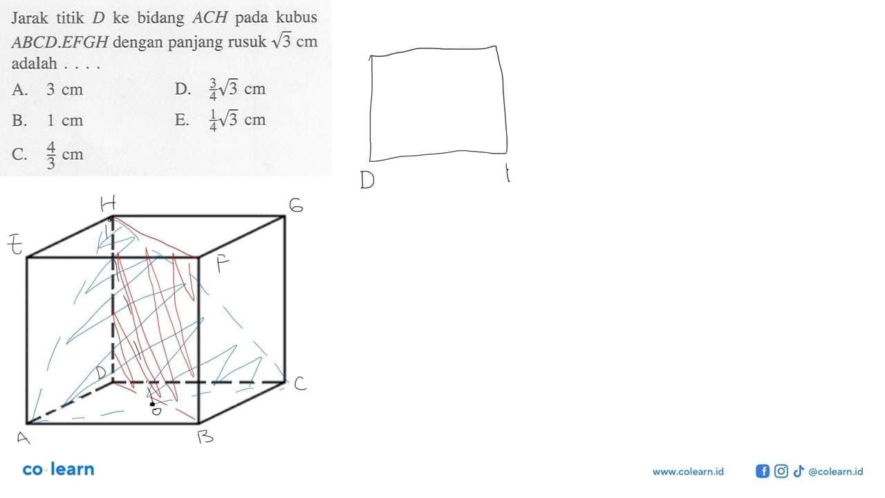 Jarak titik D ke bidang ACH pada kubus ABCD.EFGH dengan