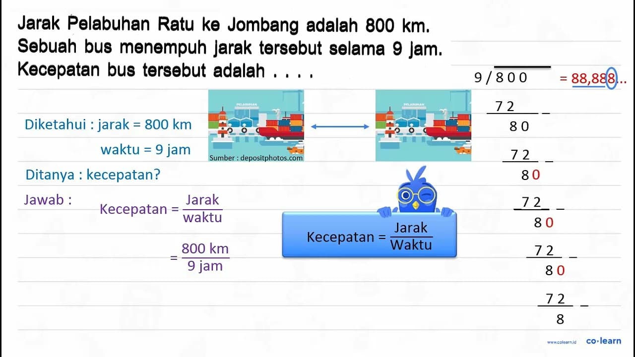 Jarak Pelabuhan Ratu ke Jombang adalah 800 km. Sebuah bus