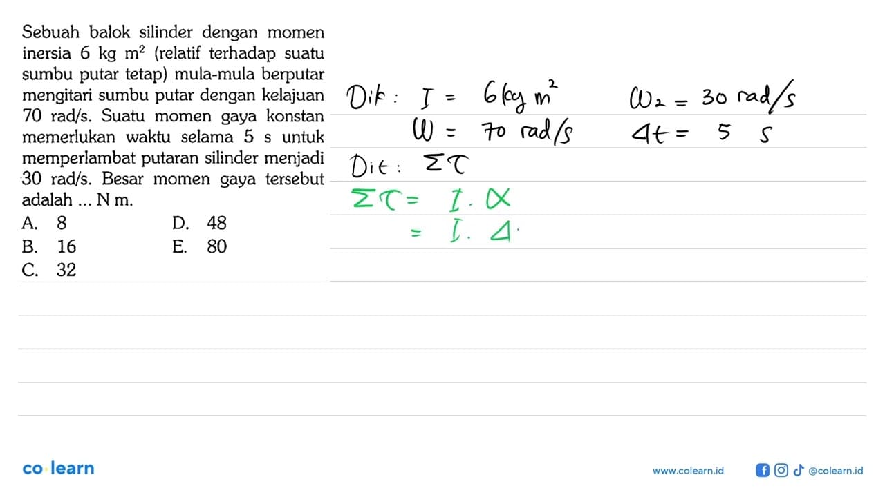 Sebuah balok silinder dengan momen inersia 6 kg m^2