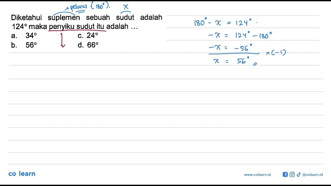 Diketahui suplemen sebuah sudut adalah 124 maka penyiku