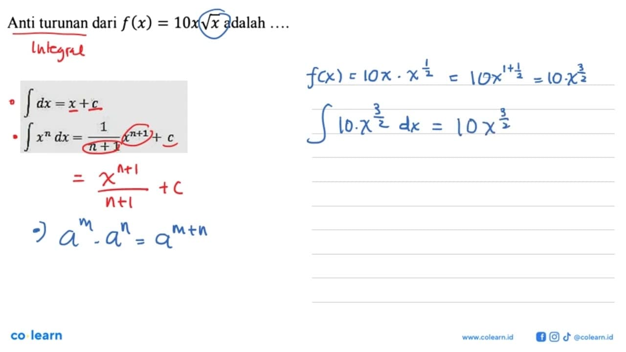 Anti turunan dari f(x)=10x akar(x) adalah ....