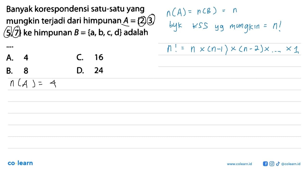 Banyak korespondensi satu-satu yang mungkin terjadi dari