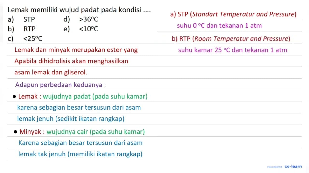 Lemak memiliki wujud padat pada kondisi ....