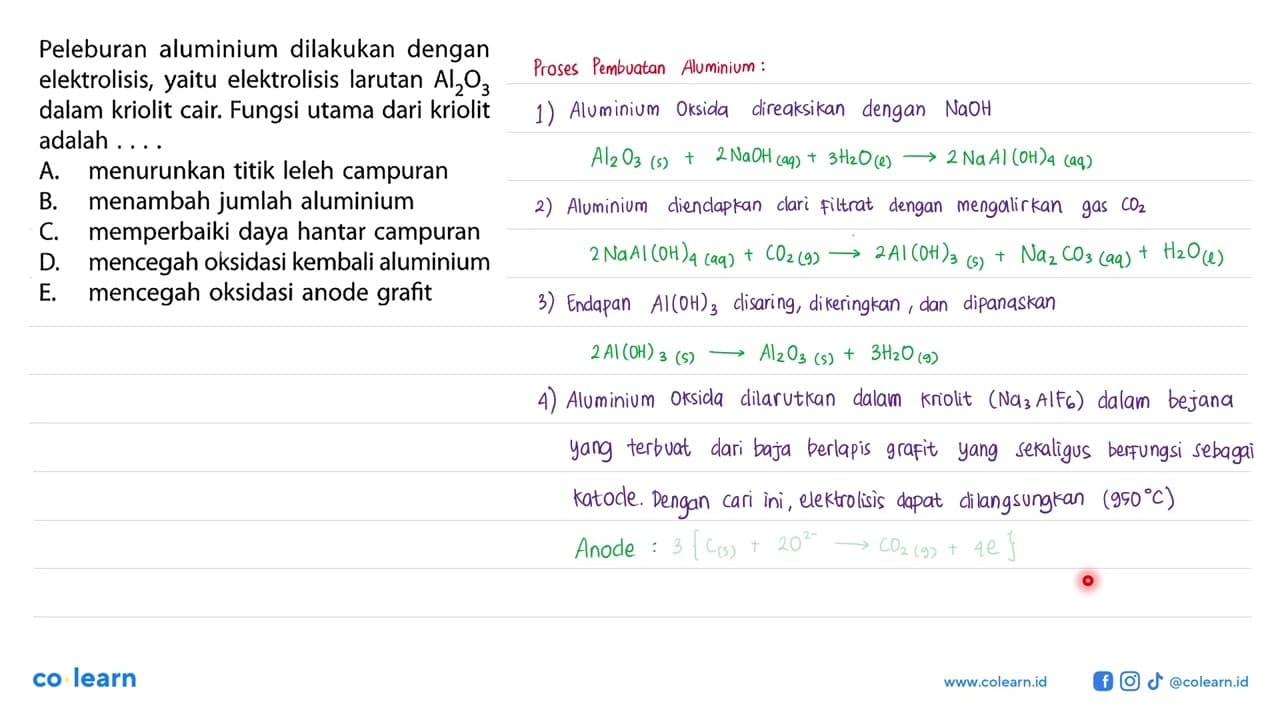 Peleburan aluminium dilakukan dengan elektrolisis, yaitu