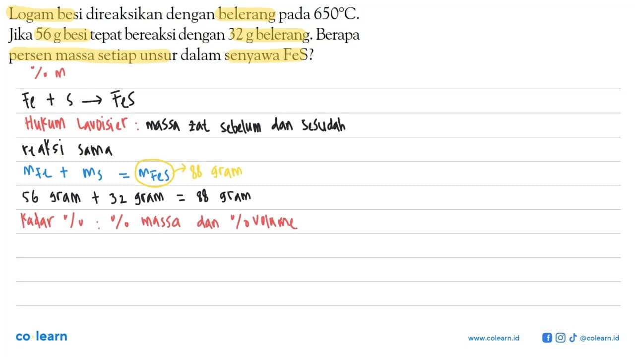 Logam besi direaksikan dengan belerang pada 650 C. Jika 56