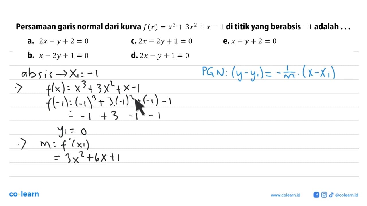 Persamaan garis normal dari kurva f(x)=x^3+3x^2+x-1 di