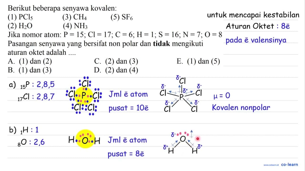 Berikut beberapa senyawa kovalen: (1) PCl_(5) (3) CH_(4)