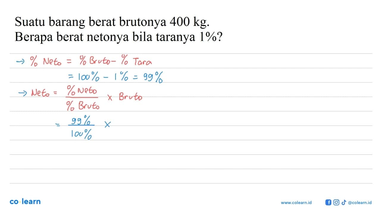 Suatu barang berat brutonya 400 kg.Berapa berat netonya