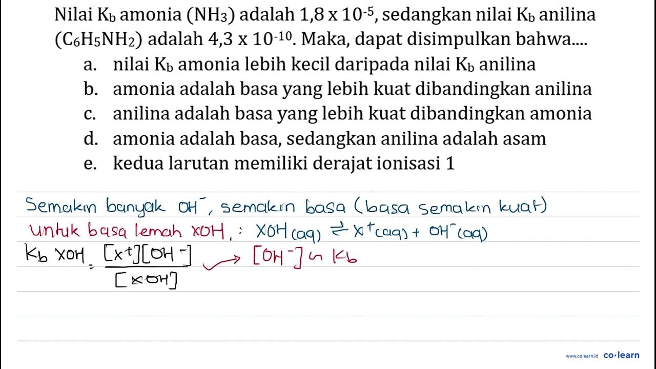 Nilai Kb amonia (NH3) adalah 1,8 x 10^(-5), sedangkan nilai