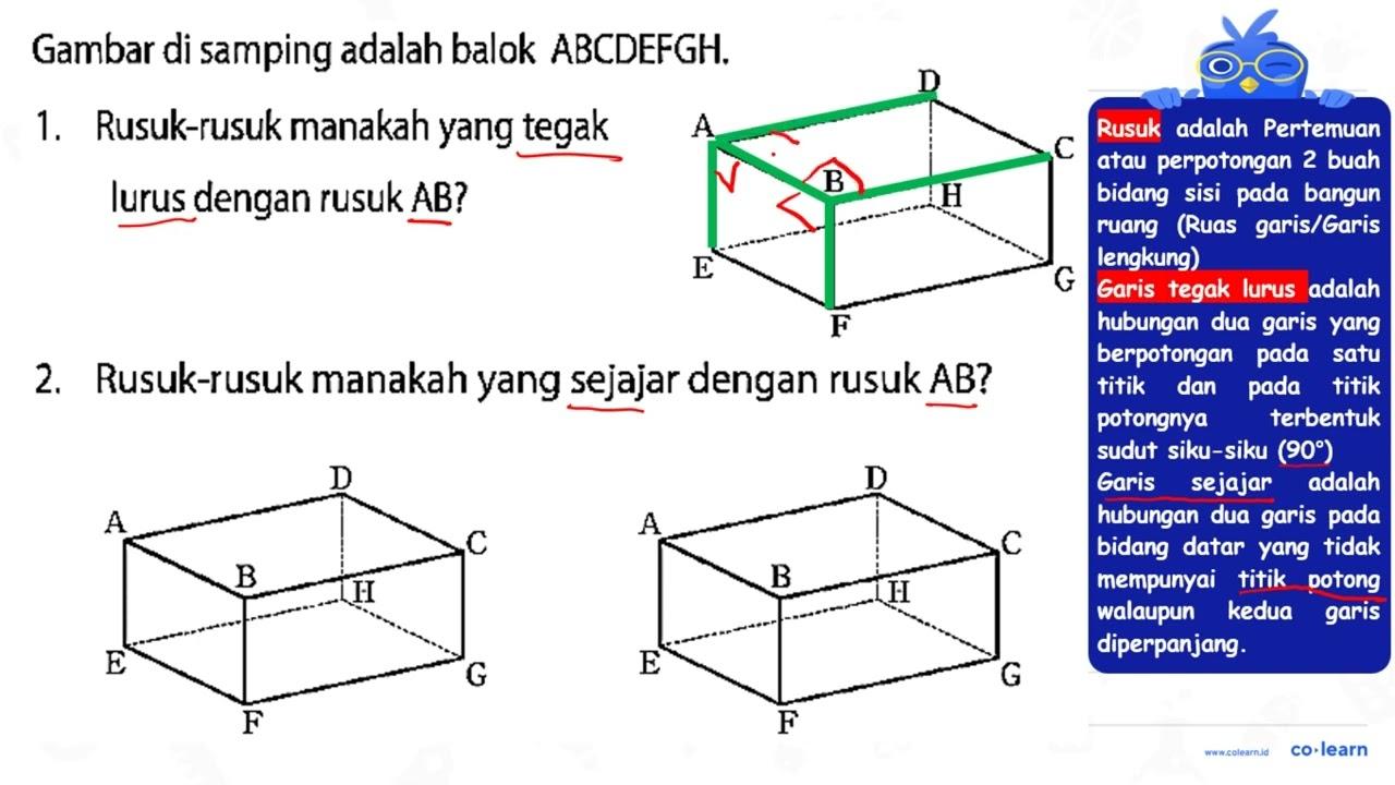 Gambar di samping adalah balok ABCDEFGH. 1. Rusuk-rusuk