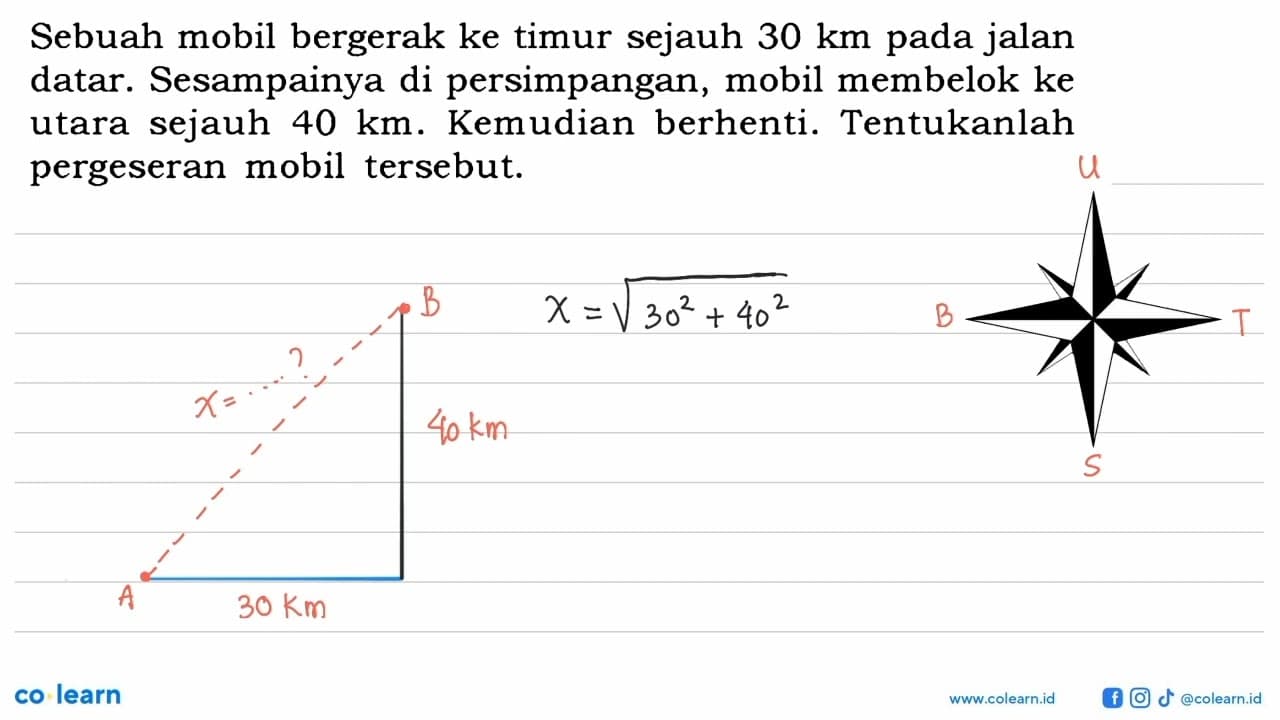 Sebuah mobil bergerak ke timur sejauh 30 km pada jalan