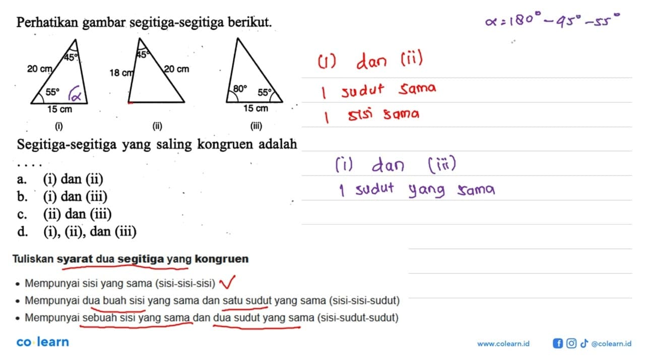 Perhatikan gambar segitiga-segitiga berikut. 15 cm 20 cm 45