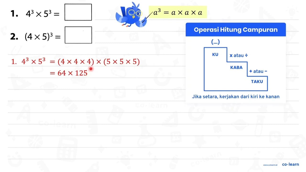 1. 4^(3) x 5^(3)= 2. (4 x 5)^(3)=