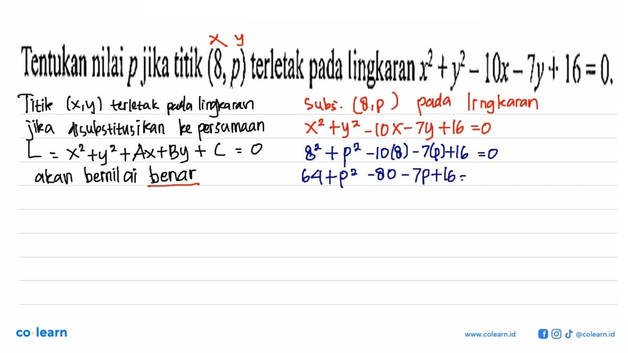 Tentukan nilai p jika titik (8, p) terletak pada lingkaran