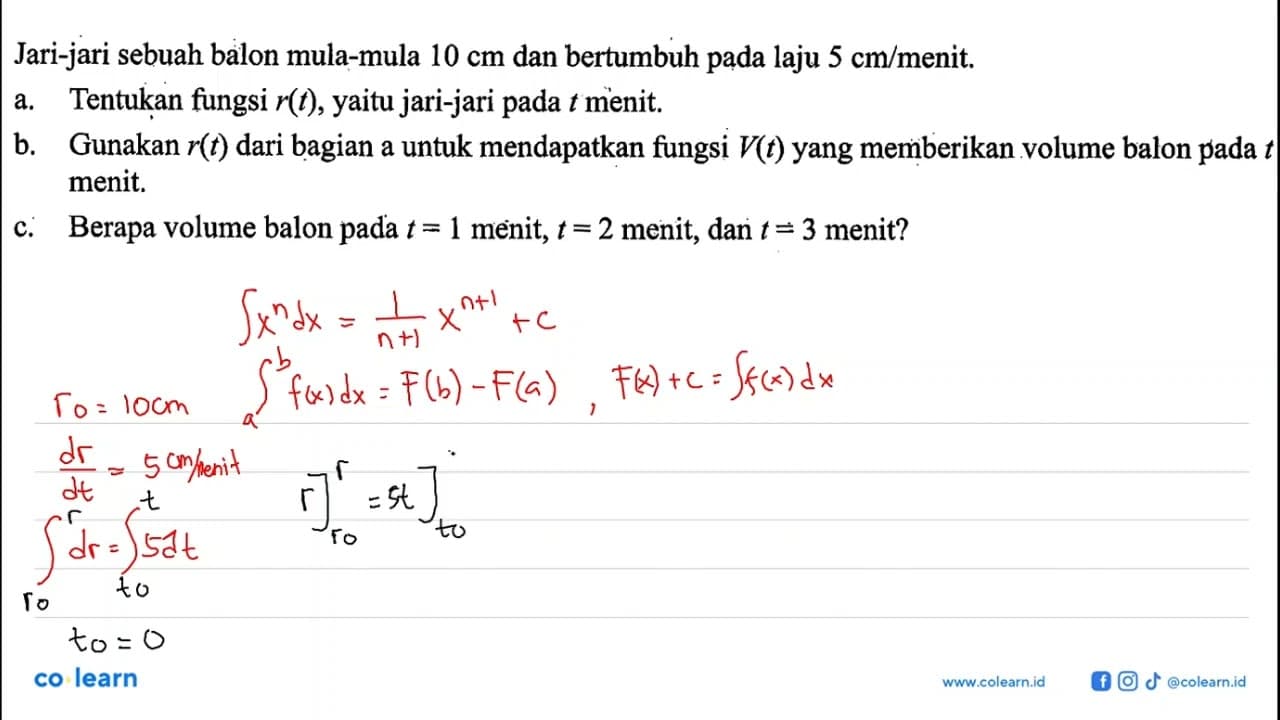 Jari-jari sebuah balon mula-mula 10 cm dan bertumbuh pada