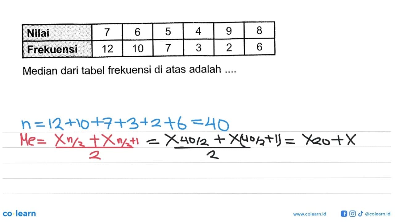 Nilai 7 6 5 4 9 8 Frekuensi 12 10 7 3 2 6 Median dari tabel
