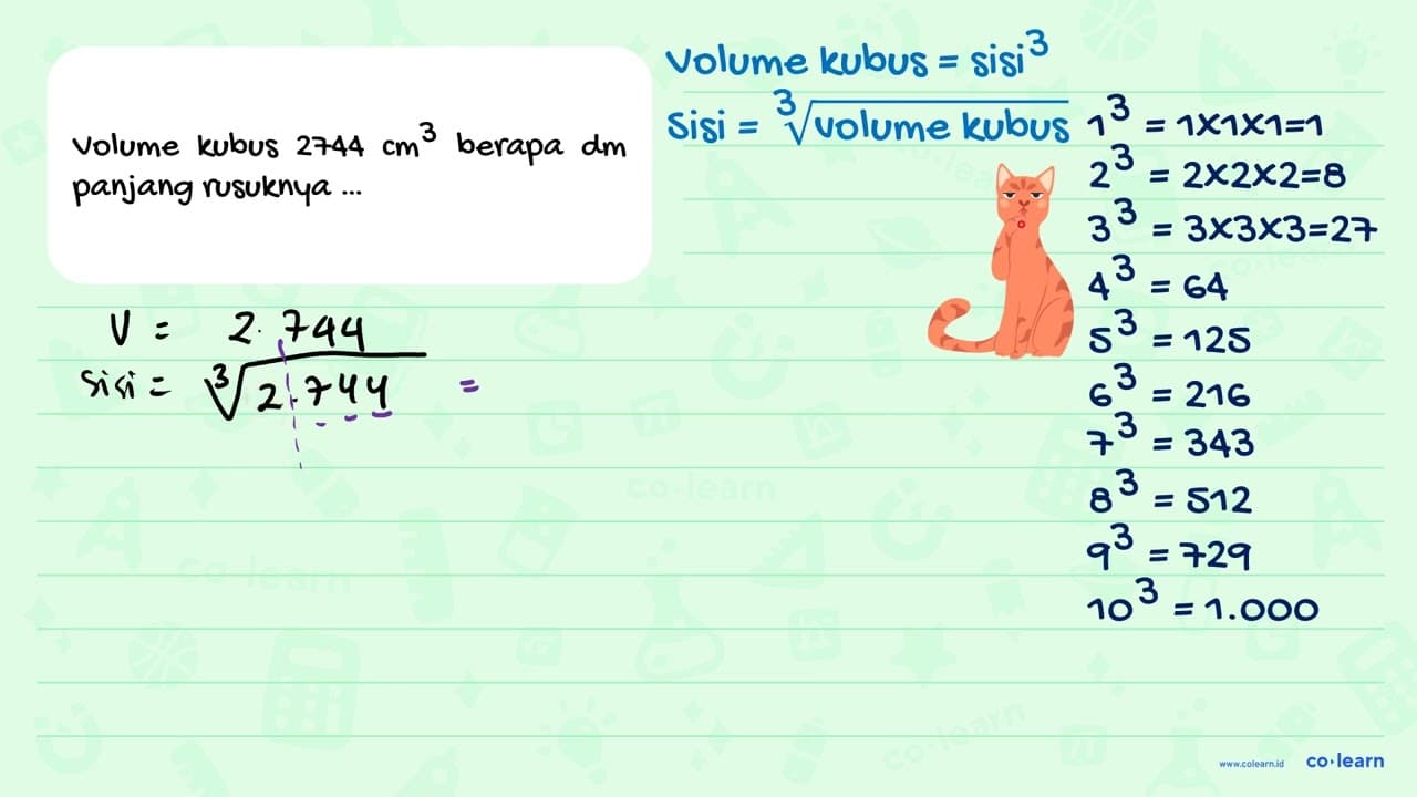 Volume kubus 2744 cm^3 berapa dm panjang rusuknya ...
