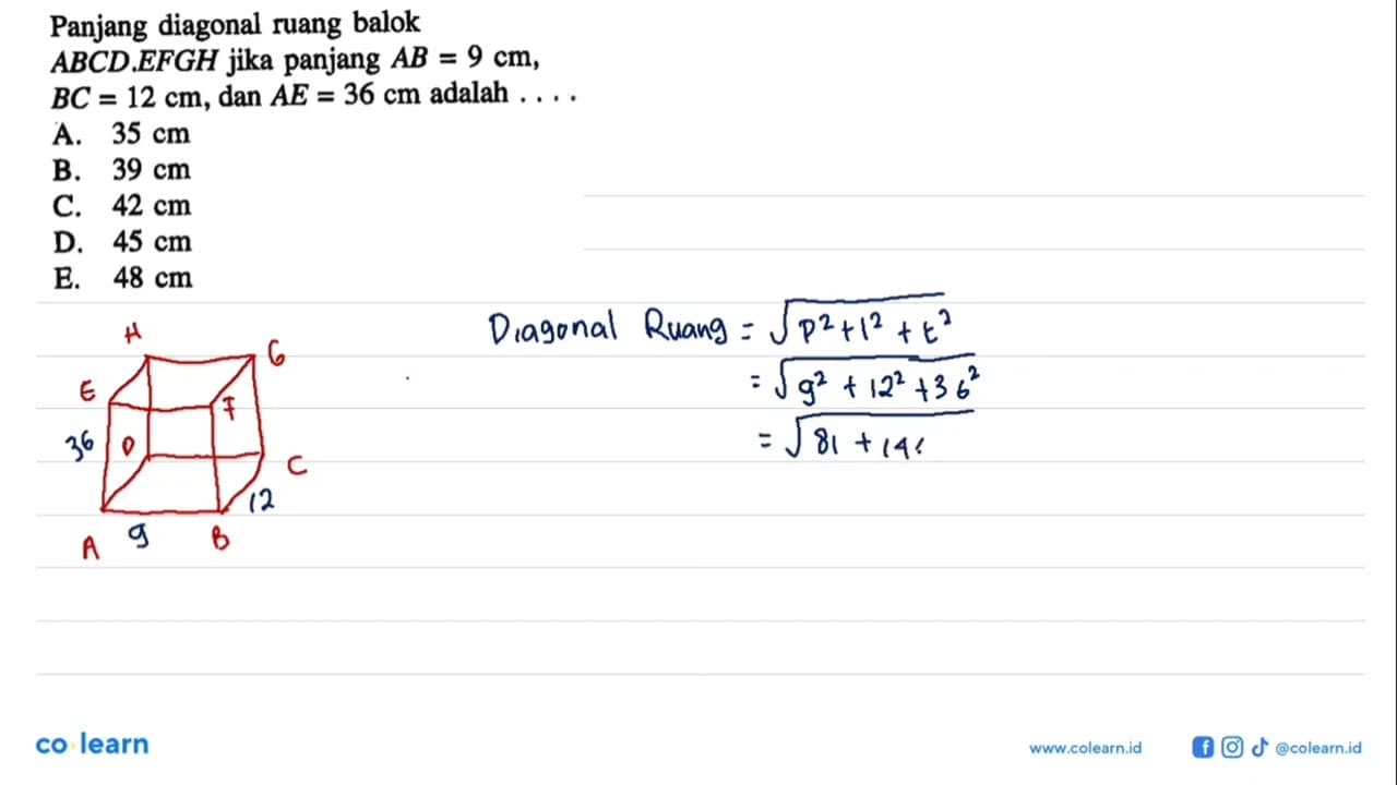 Panjang diagonal ruang balok ABCD EFGH jika panjang AB =9