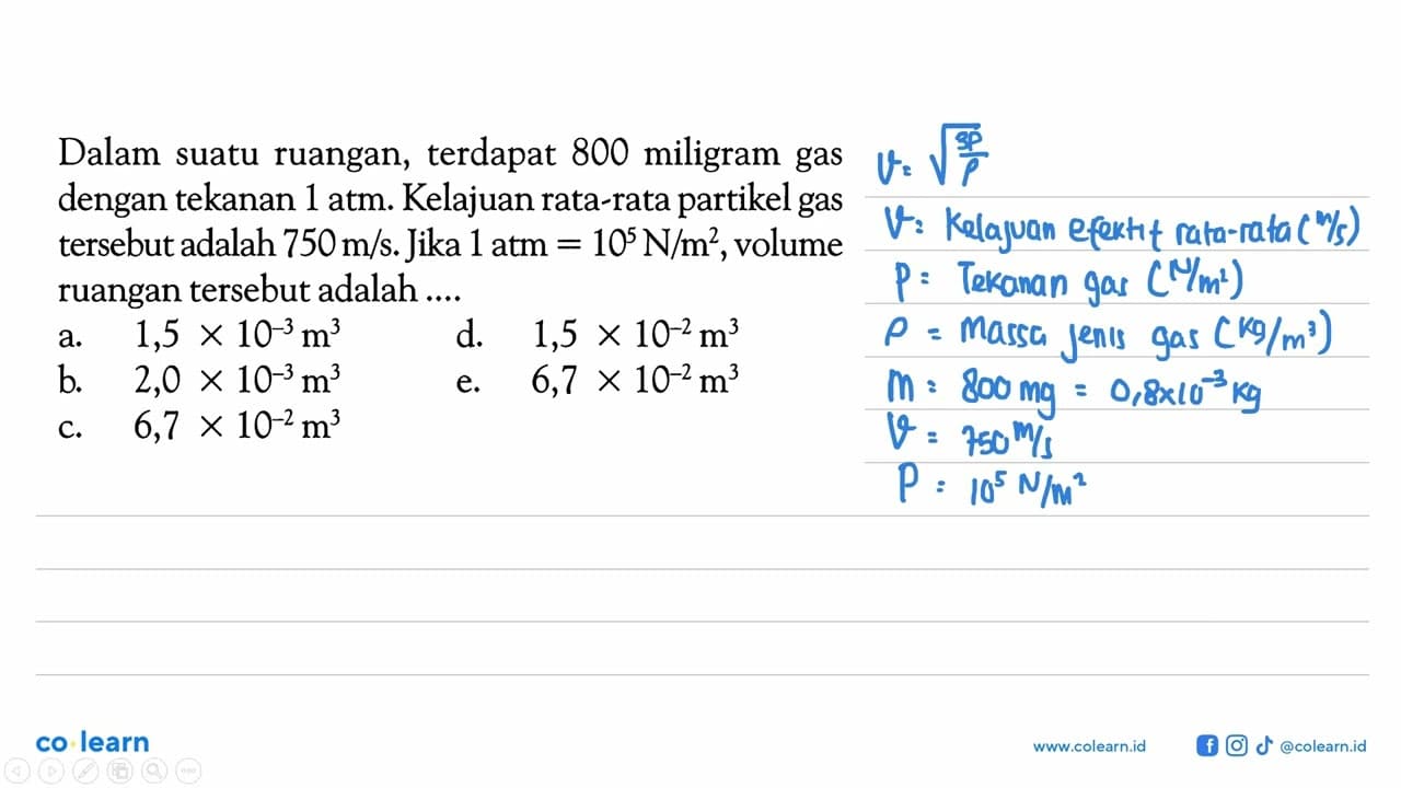 Dalam suatu ruangan, terdapat 800 miligram gas dengan