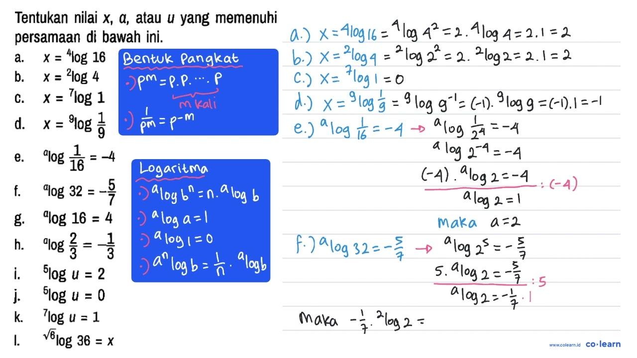 Tentukan nilai x , a, atau u yang memenuhi persamaan di