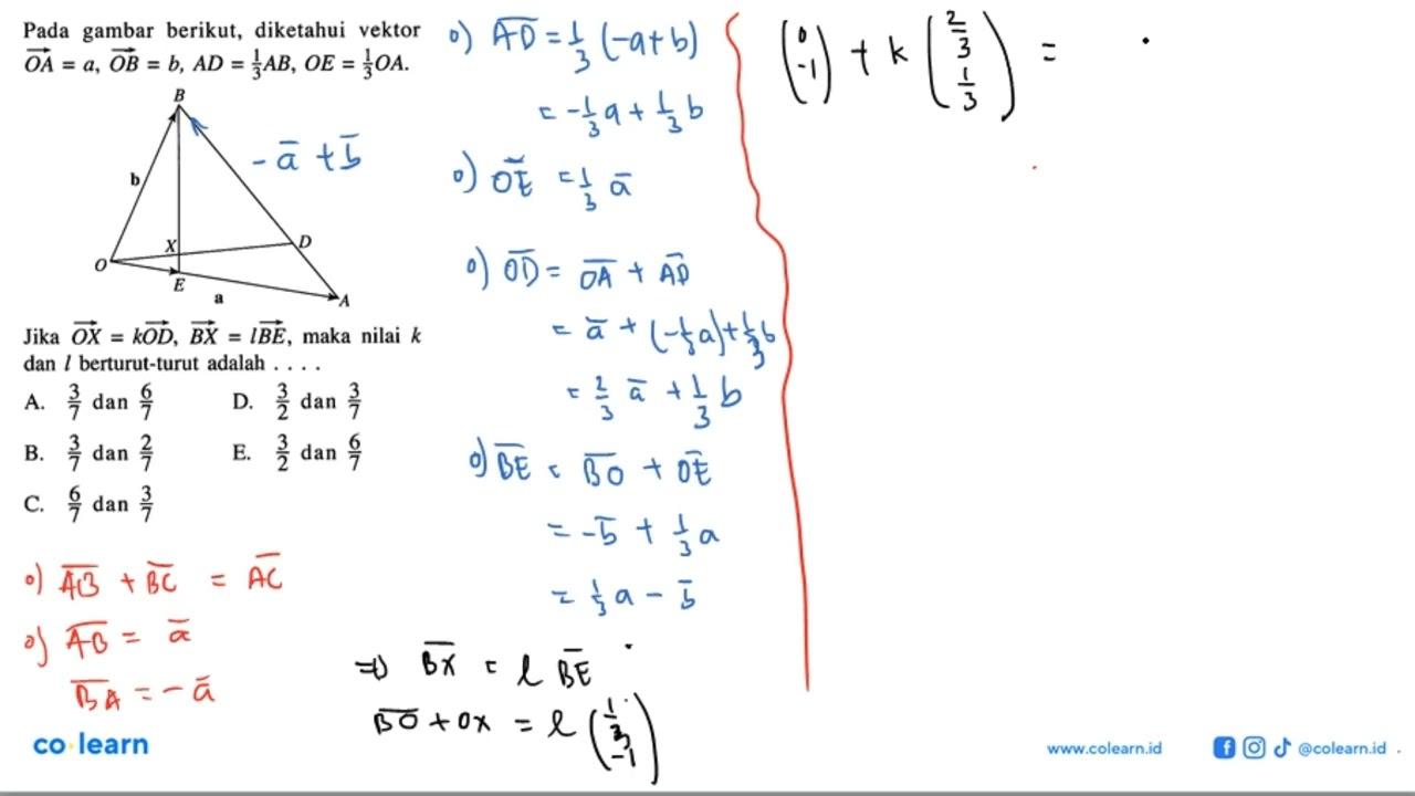 Pada gambar berikut, diketahui vektor OA=a, OB=b, AD=1/3