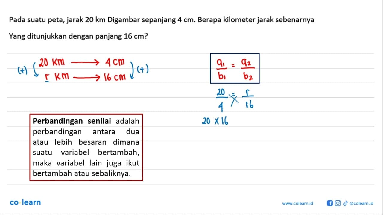 Pada suatu peta, jarak 20 km Digambar sepanjang 4 cm.