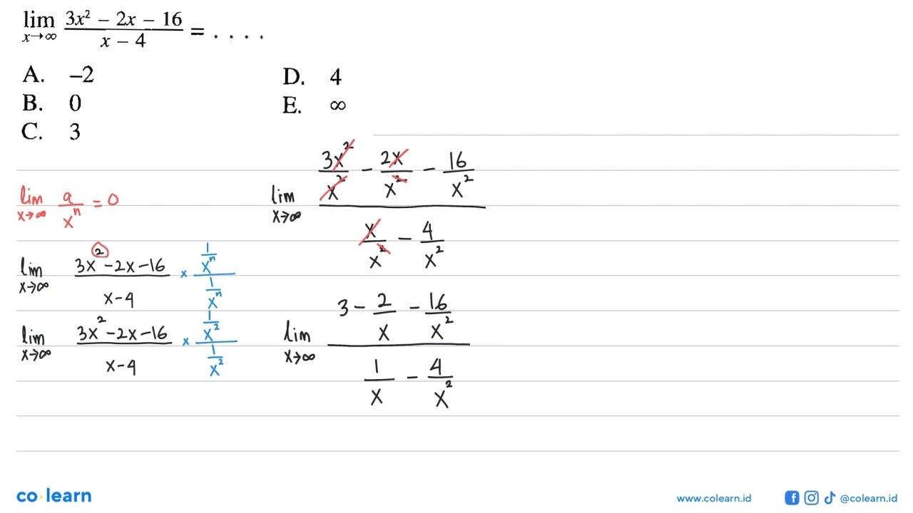 lim x -> tak hingga (3x^2-2 x-16)/(x-4)=...