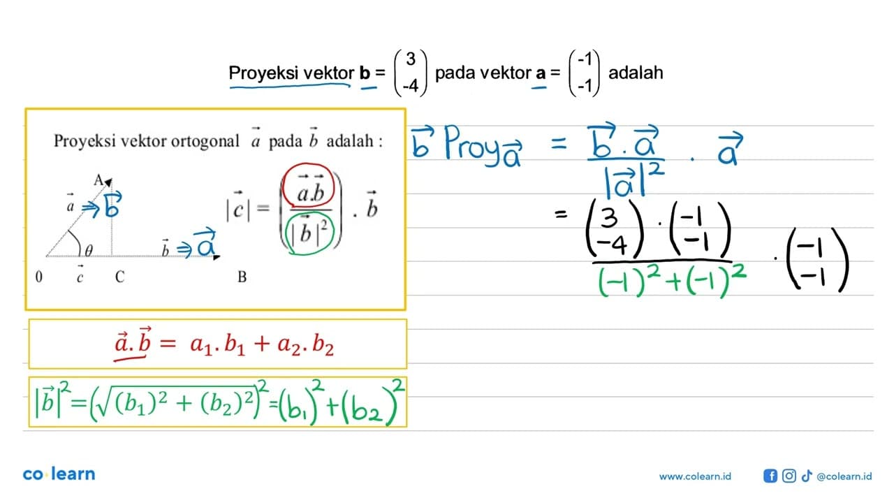 Proyeksi vektor b=(3 -4) pada vektor a=(-1 -1) adalah