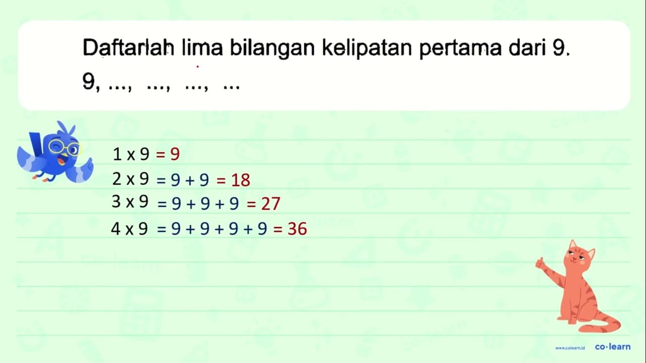 Daftarlah lima bilangan kelipatan pertama dari 9. 9, ...,