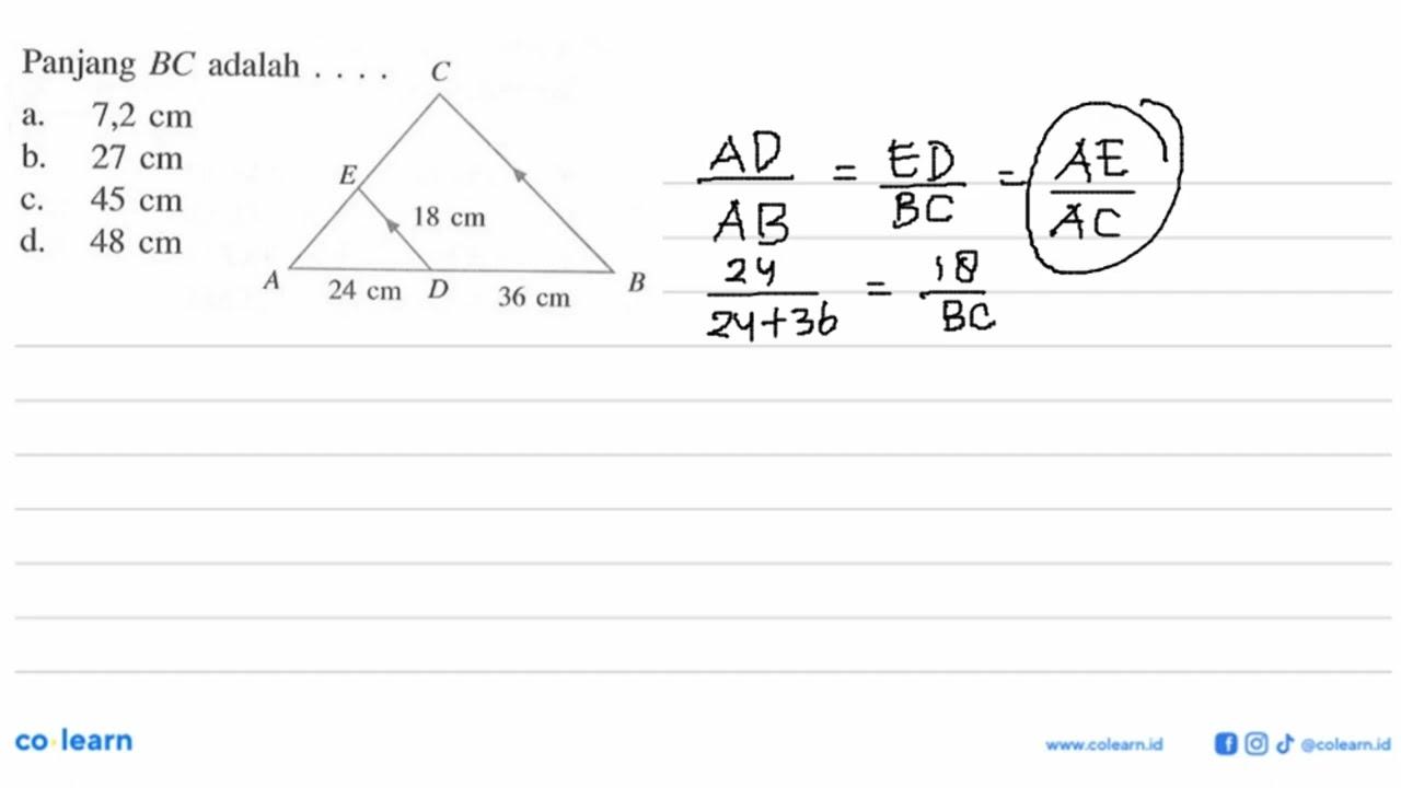 Panjang BC adalah C E18 cm A 24 cm D 36 cm B