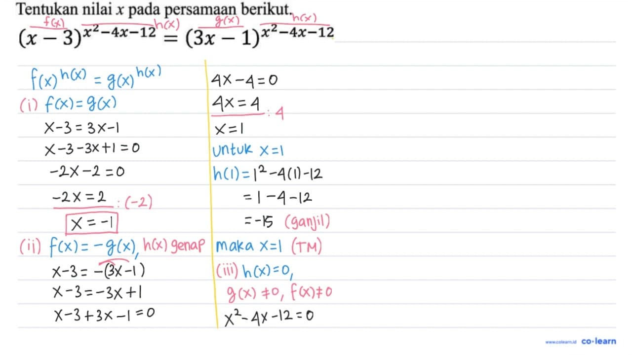 (x-3)^(x^(2)-4 x-12)=(3 x-1)^(x^(2)-4 x-12)