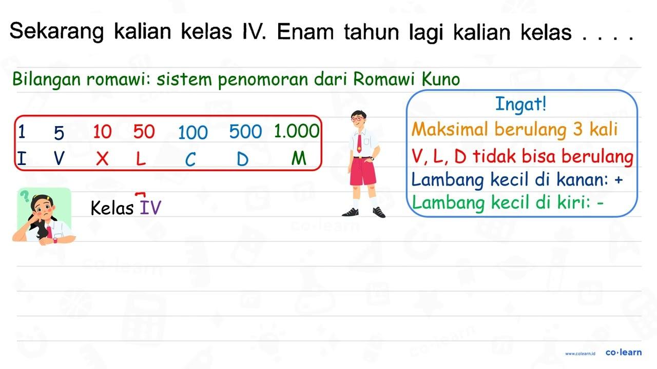 Sekarang kalian kelas IV. Enam tahun lagi kalian kelas ....