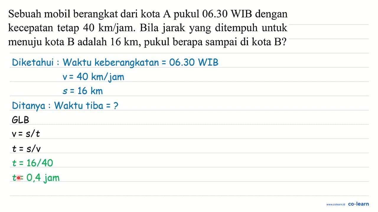 Sebuah mobil berangkat dari kota A pukul 06.30 WIB dengan