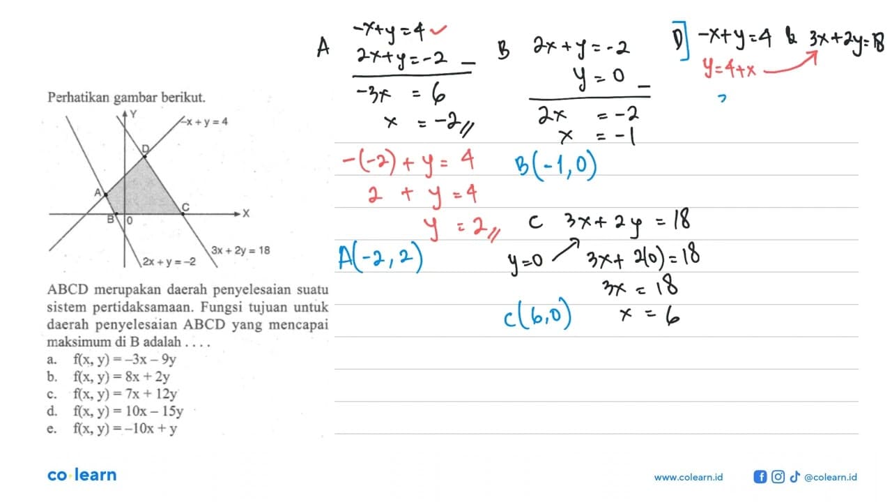 Perhatikan gambar berikut. -x+y=4 2x+y=-2 3x+2y=18 ABCD