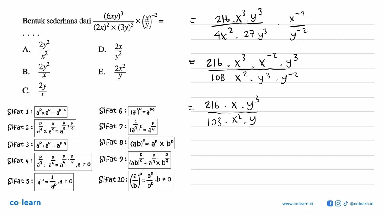 Bentuk sederhana dari (6xy)^3/((2x)^2 x (3y)^3) x