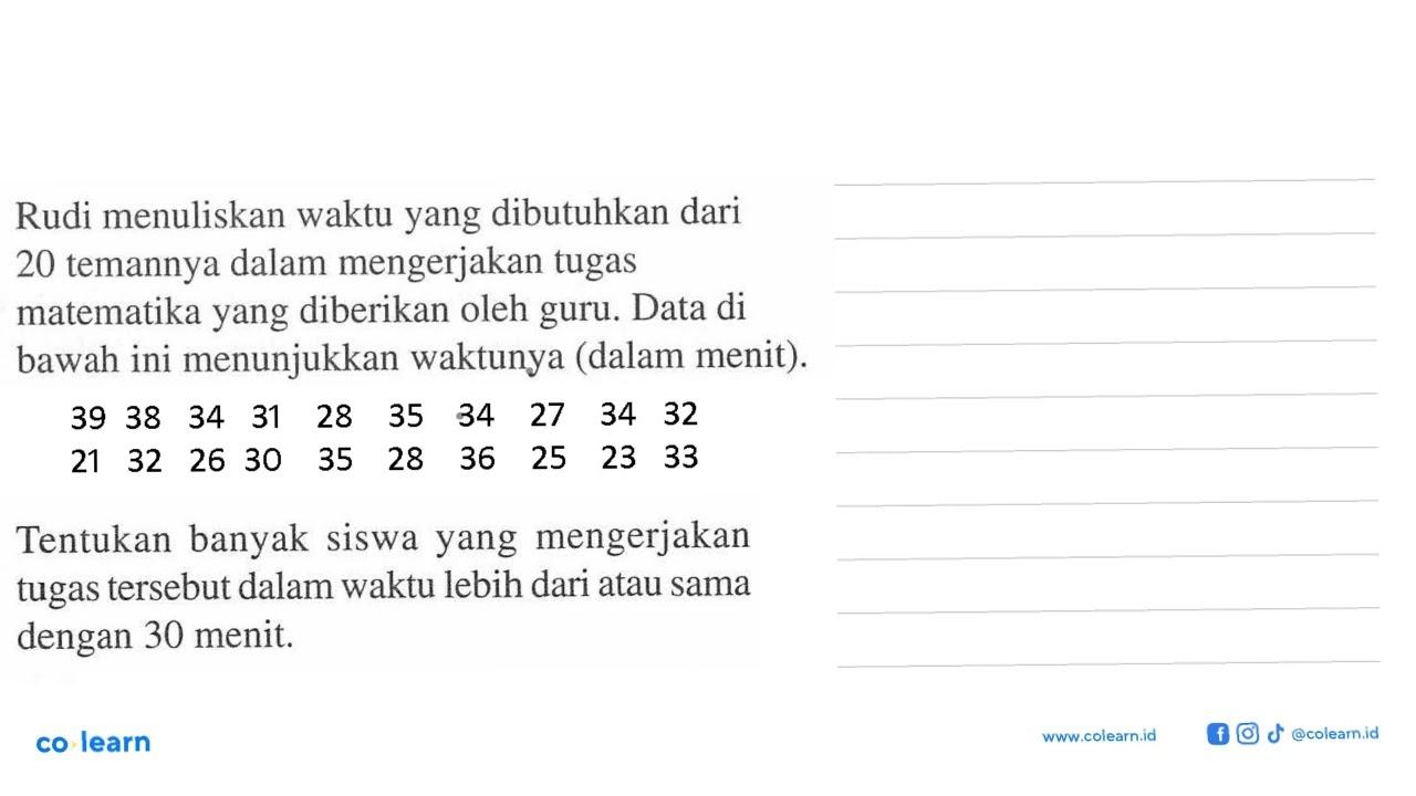 Rudi menuliskan waktu yang dibutuhkan dari 20 temannya