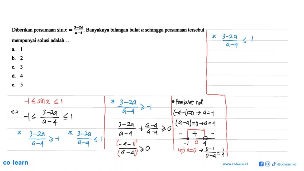 Diberikan persamaan sin x=(3-2a)/(a-4). Banyaknya bilangan