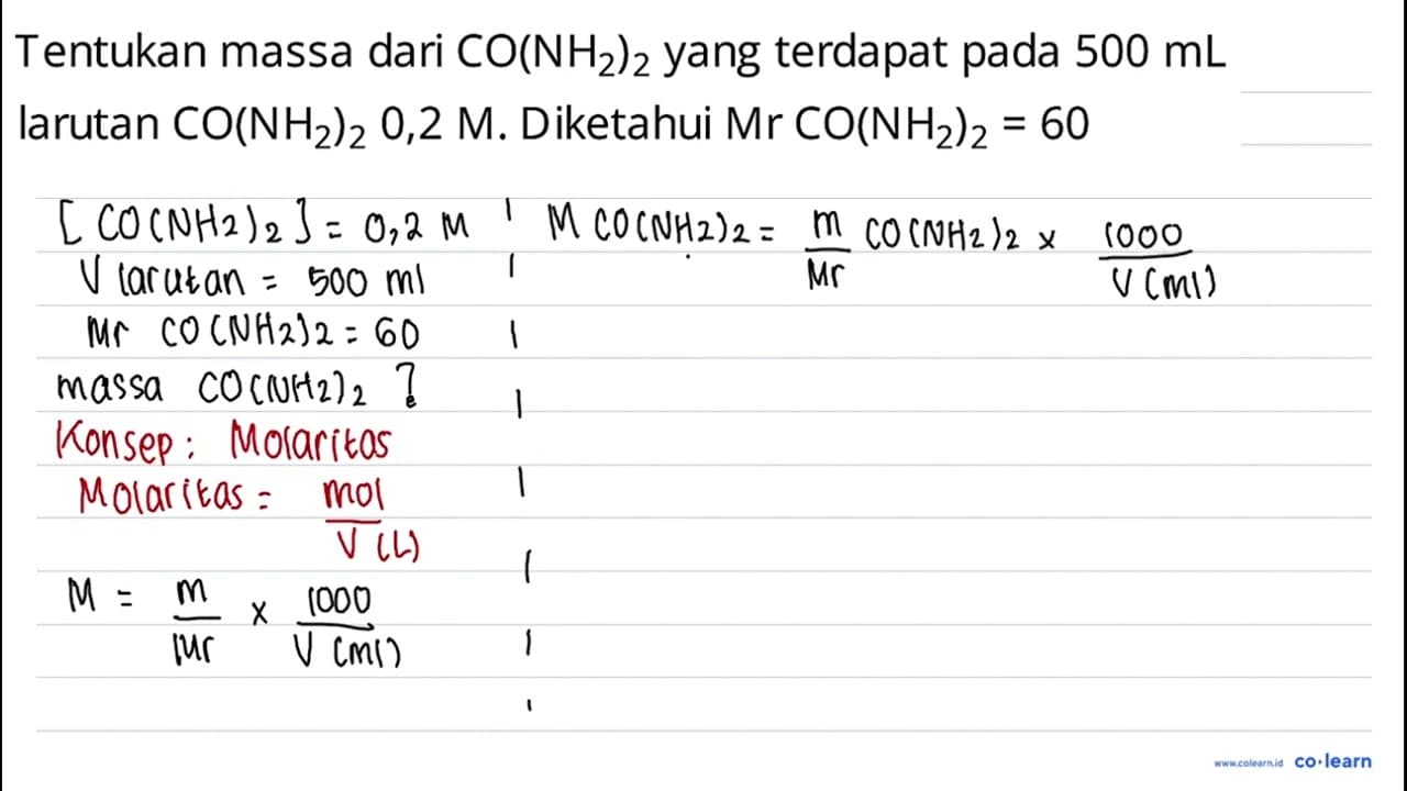 Tentukan massa dari CO(NH2)2 yang terdapat pada 500 mL