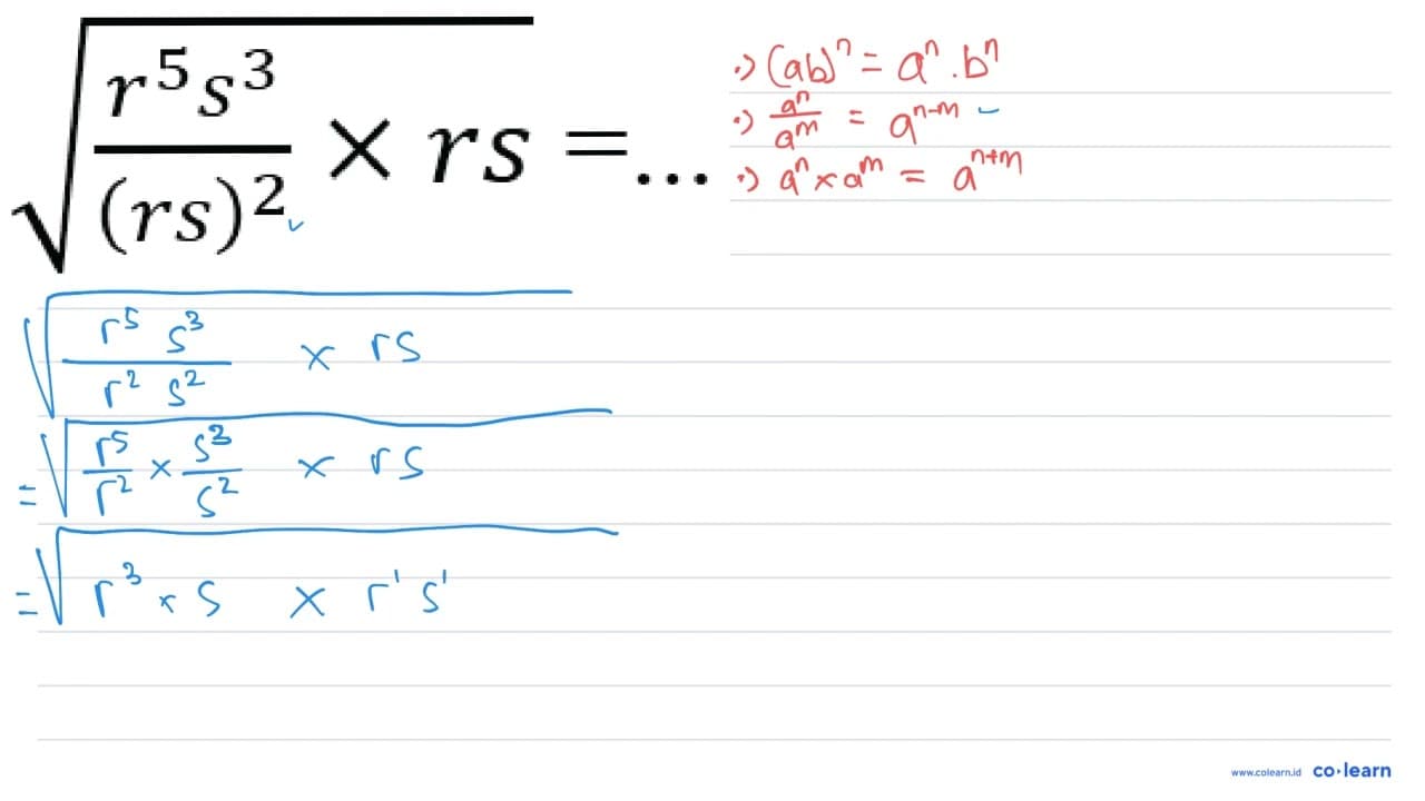 akar((r^5 s^3)/((r s)^2) x r s)=...