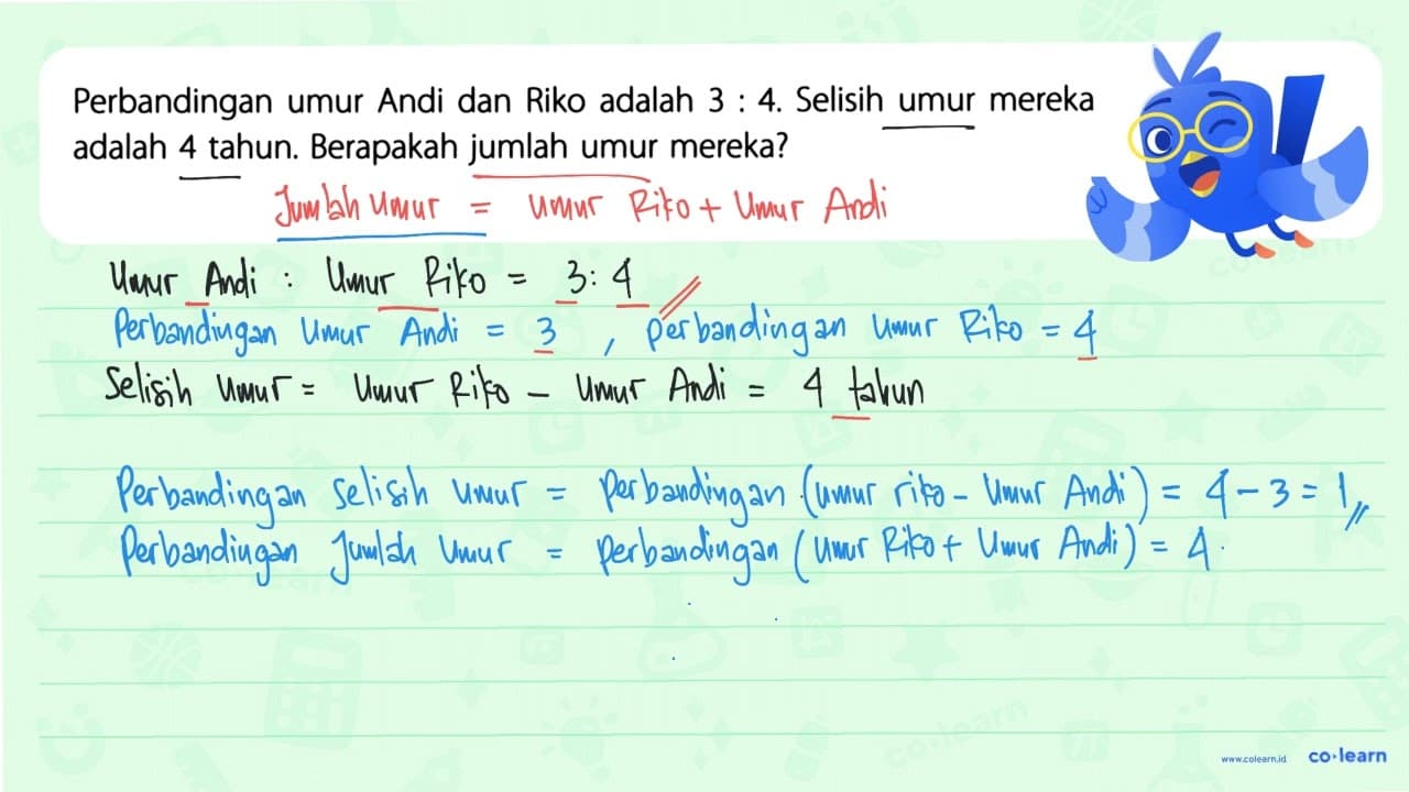 Perbandingan umur Andi dan Riko adalah 3 : 4. Selisih umur