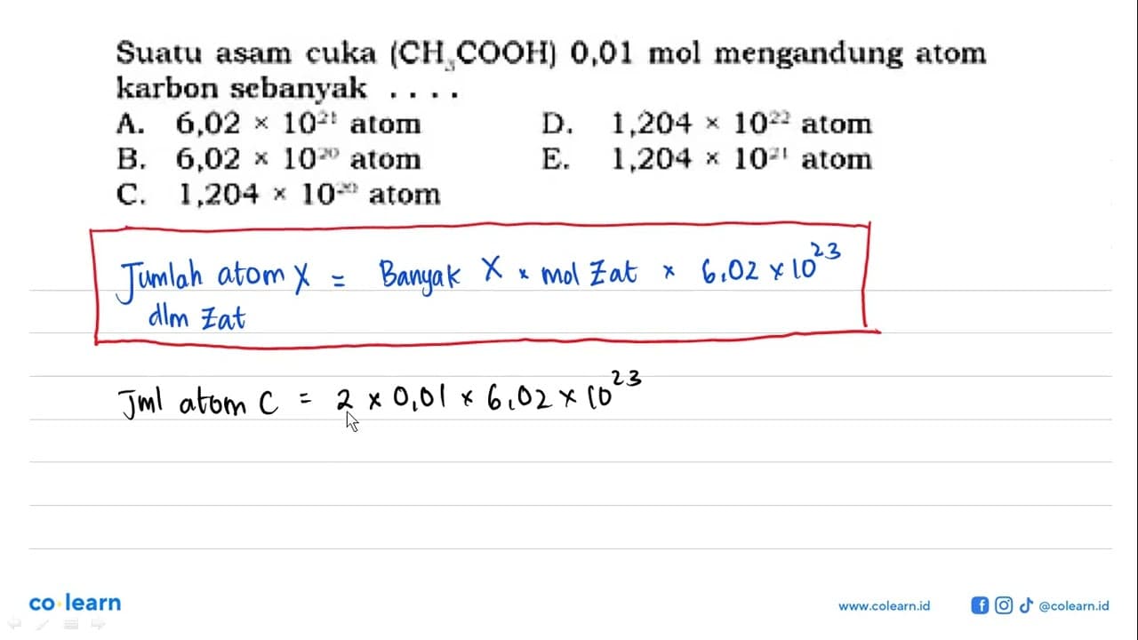 Suatu asam cuka (CH3COOH) 0,01 mol mengandung atom karbon