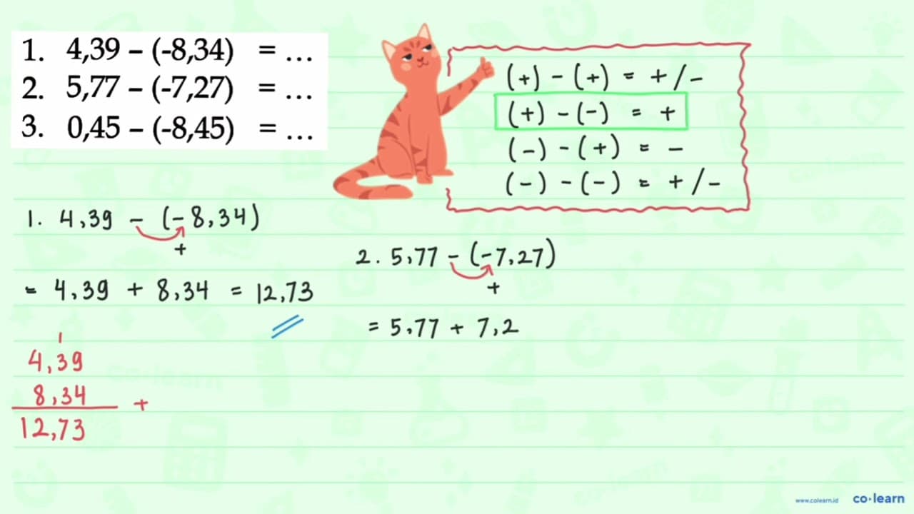 1. 4,39 - (-8,34) = ... 2. 5,77 - (-7,27) = ... 3. 0,45 -