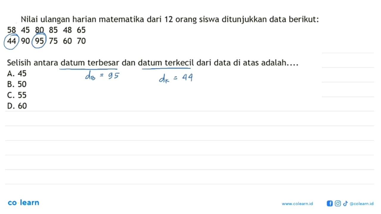 Nilai ulangan harian matematika dari 12 orang siswa