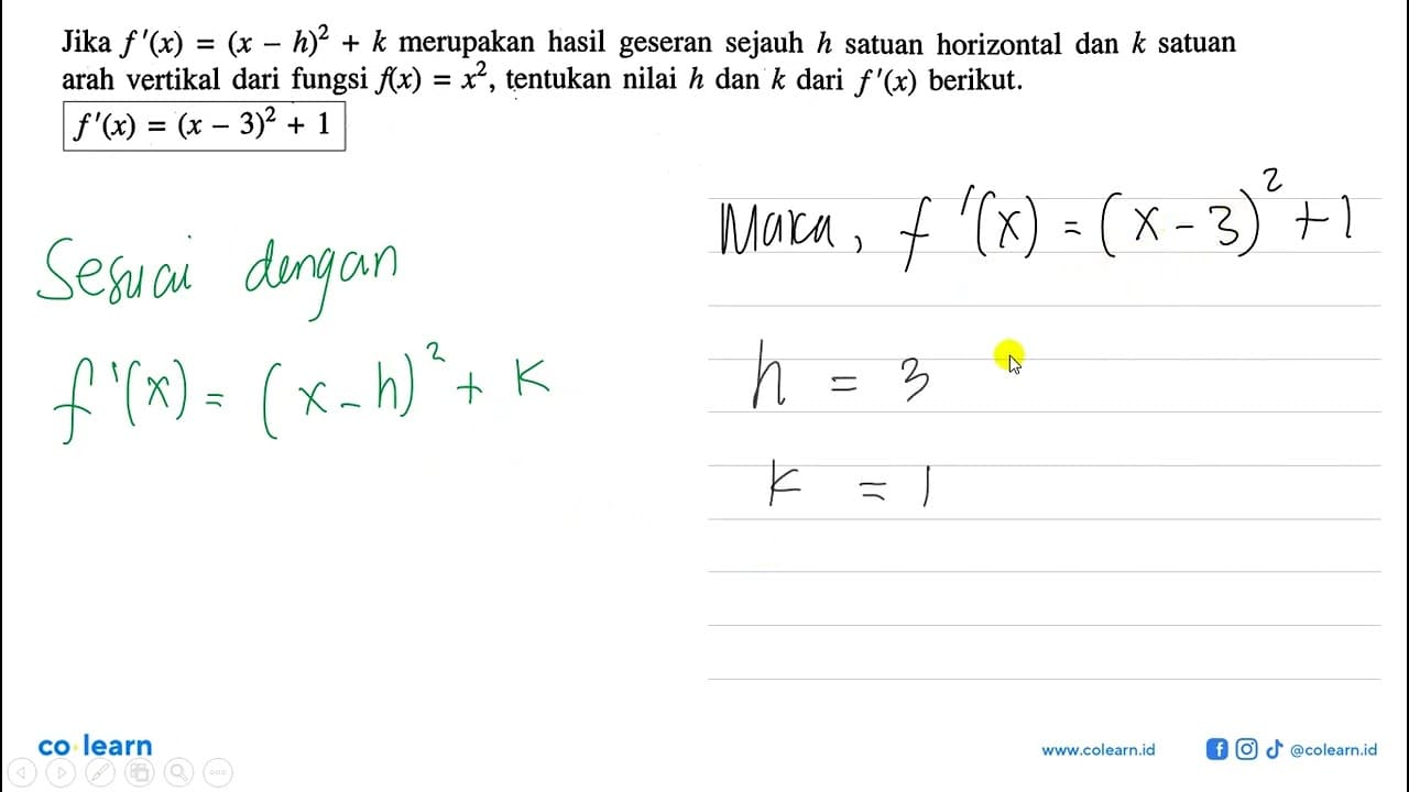 Jika f '(x) = (x - h)^2 + k merupakan hasil geseran sejauh