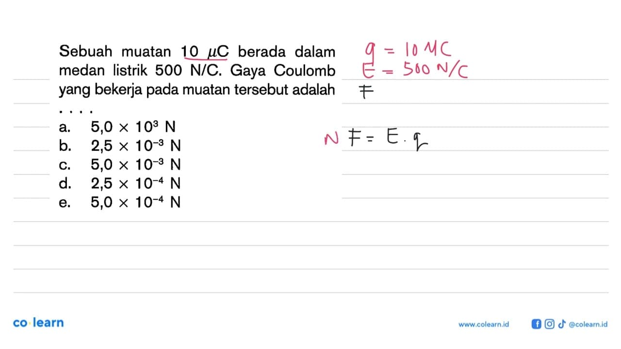 Sebuah muatan 10 mu C berada dalam medan listrik 500 N/C.