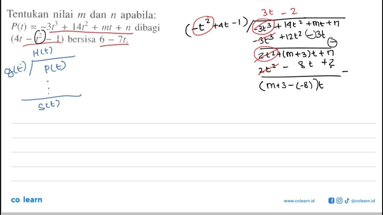 Tentukan nilai m dan n apabila: P(t) = -3t^3 + 14t^2+ mt +