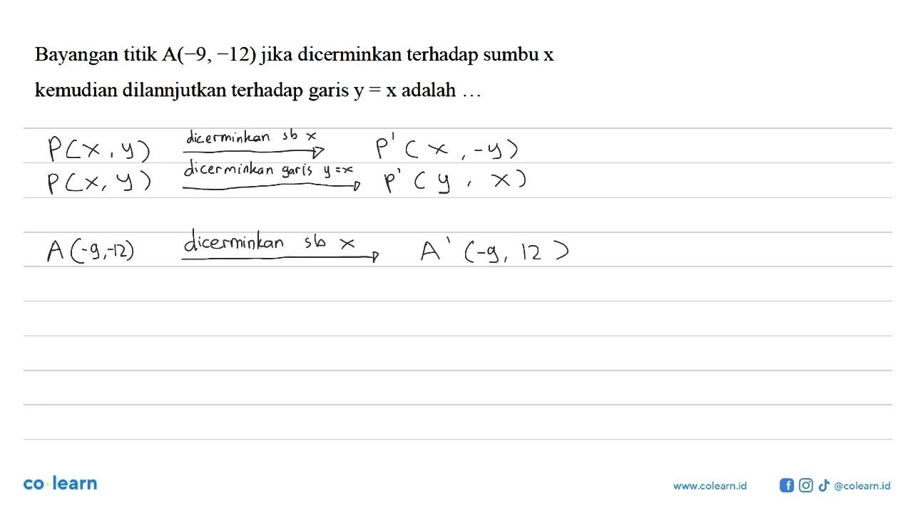 Bayangan titik A(-9,-12) jika dicerminkan terhadap sumbu x