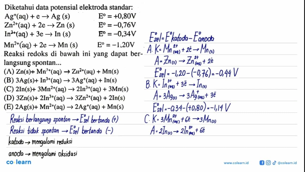 Diketahui data potensial elektroda standar: Ag^+(aq) + e ->